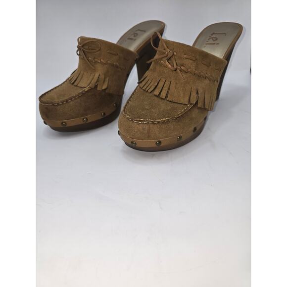 Vintage Y2K 90s L.E.I. Studded Chunky Platform Clog Heels Brown Faux Suede Sz 10 - Picture 2 of 8